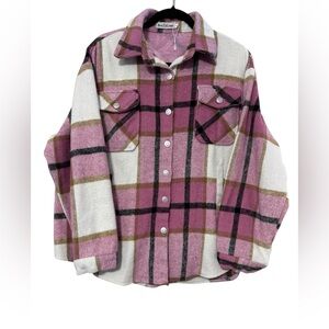Womens Plaid Shacket Button Down Long Sleeve Flannel Pink, black, tan - Large